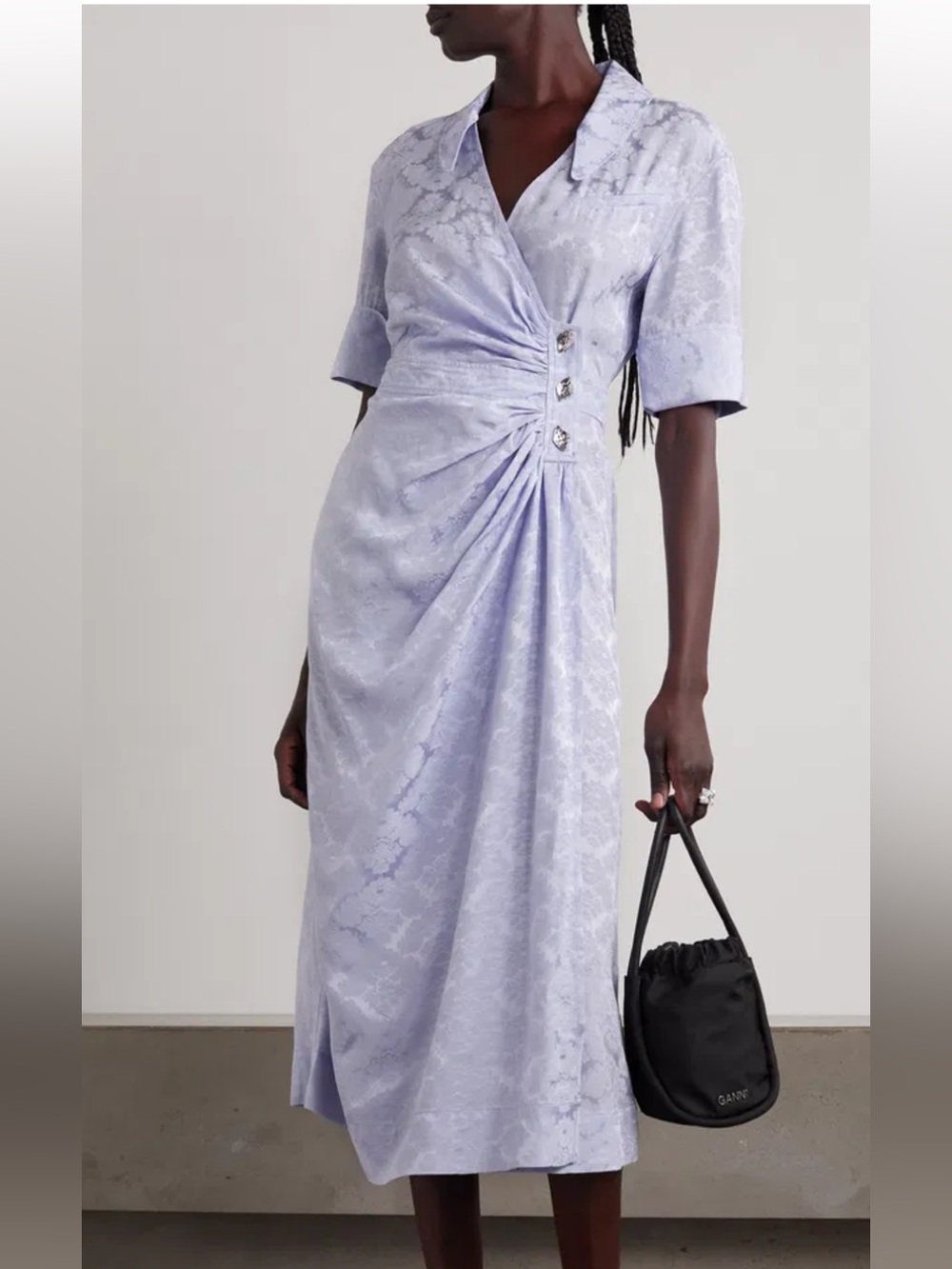 Ganni Lilac Ruched Wrap Midi Dress with Button Accents